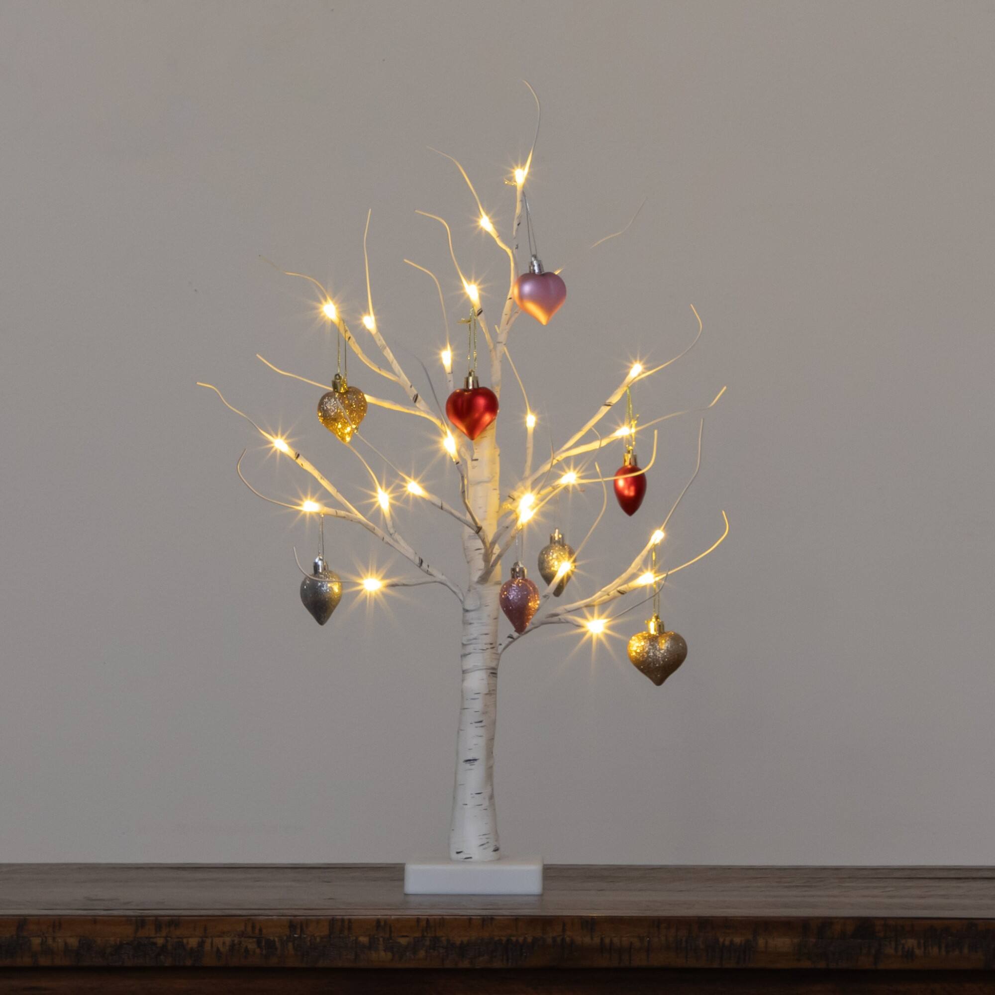 2ft. Pre-Lit Artificial Valentine's Day Twig Tree with 24 Warm White LED Lights and Heart Ornaments